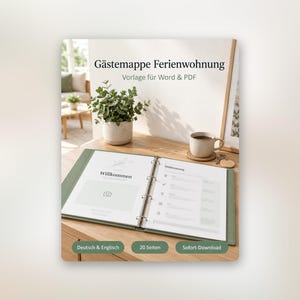 May include: A green ring binder containing a guest information document for a vacation rental. The open pages display the text Willkommen and Mülltrennung. The cover text reads Gästemappe Ferienwohnung Vorlage für Word & PDF.