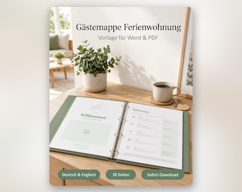 Può includere: Un raccoglitore ad anelli verde contenente un documento informativo per gli ospiti di una casa vacanze. Le pagine aperte mostrano il testo Willkommen e Mülltrennung. Il testo in copertina recita Gästemappe Ferienwohnung.