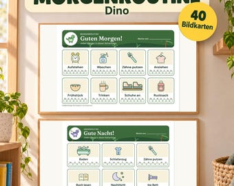 Morgenroutine Kinder Dino, Abendroutine, 40 Bildkarten, Routineplan zum Ausdrucken, PDF A4 A3