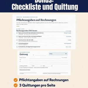 Checkliste mit Pflichtangaben auf Rechnungen als Liste mit Kontrollkästchen, darunter eine Quittungsvorlage mit Feldern für Betrag, Name und Unterschrift.