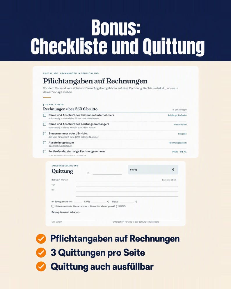 Checkliste mit Pflichtangaben auf Rechnungen als Liste mit Kontrollkästchen, darunter eine Quittungsvorlage mit Feldern für Betrag, Name und Unterschrift.