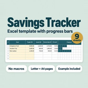 May include: A Savings Tracker Excel template with progress bars, featuring a table with columns for Goal, Target, Saved, Remaining, Percent, and Progress. Text includes Savings Tracker, 9 sheets, No macros, Letter + A4 pages, and Example included.