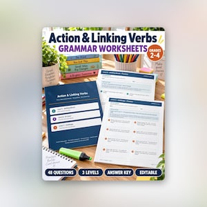 Arbetsblad med handlingsverb och länkverb, grammatikövning för årskurs 2, 3 och 4, 3 differentierade nivåer, facit, PDF + redigerbar DOCX