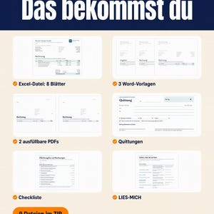 Übersicht des Lieferumfangs in sechs Kacheln mit Häkchen: Excel-Datei mit 8 Blättern, 3 Word-Vorlagen, 2 ausfüllbare PDFs, Quittungen, Checkliste und LIES-MICH-Datei. Oranges Etikett: 9 Dateien im ZIP.