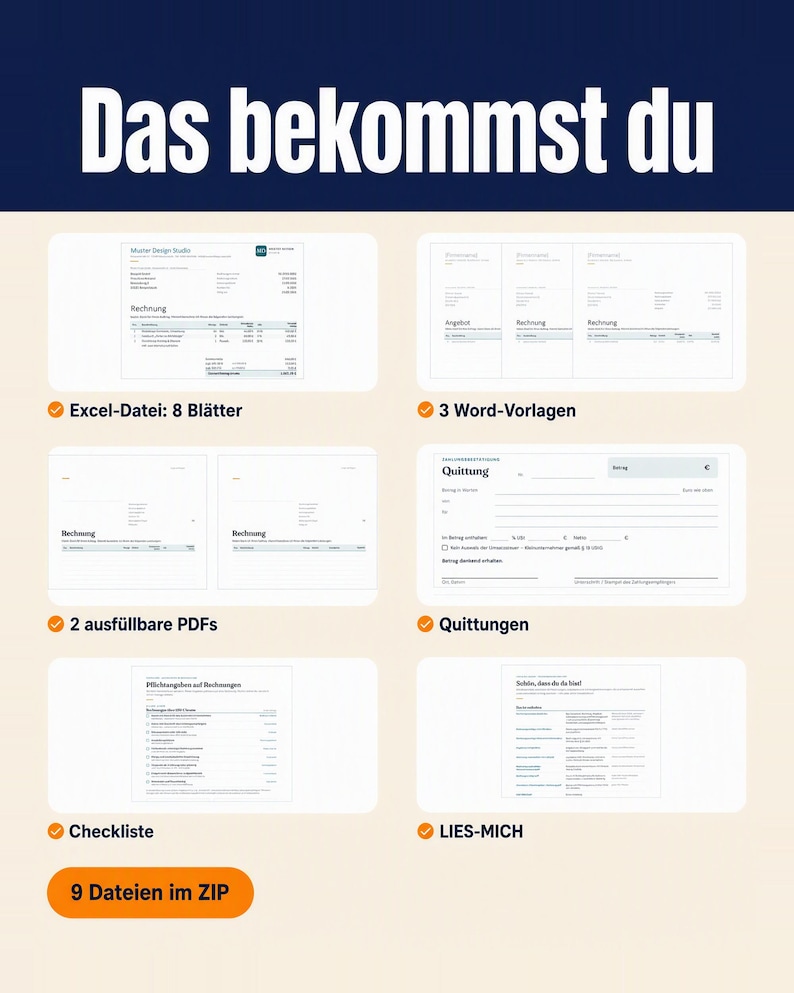 Übersicht des Lieferumfangs in sechs Kacheln mit Häkchen: Excel-Datei mit 8 Blättern, 3 Word-Vorlagen, 2 ausfüllbare PDFs, Quittungen, Checkliste und LIES-MICH-Datei. Oranges Etikett: 9 Dateien im ZIP.