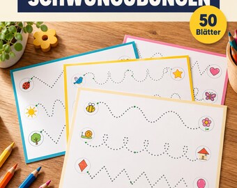 Schwungübungen Vorschule, 50 Blätter Grafomotorik zum Nachspuren, 5 Stufen, Kita und Vorschule, PDF A4