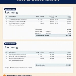 Zwei Rechnungsvarianten untereinander: oben mit Umsatzsteuer und Bruttosumme, unten als Kleinunternehmer ohne Umsatzsteuer mit Hinweis nach § 19 UStG. Darunter der Umschalter in den Stammdaten.