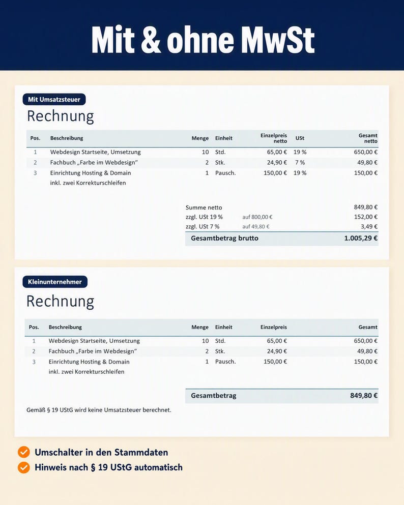 Zwei Rechnungsvarianten untereinander: oben mit Umsatzsteuer und Bruttosumme, unten als Kleinunternehmer ohne Umsatzsteuer mit Hinweis nach § 19 UStG. Darunter der Umschalter in den Stammdaten.