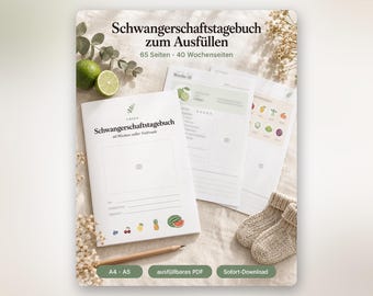 Può includere: Un diario di gravidanza intitolato Schwangerschaftstagebuch zum Ausfüllen con 65 pagine e 40 sezioni settimanali. La copertina presenta un'illustrazione di una pianta, icone di frutta e una cornice. Include layout di pagine interne e scarpine.