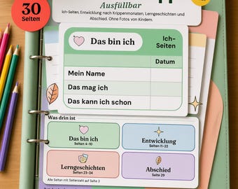 Può includere: Un raccoglitore ad anelli verde chiaro contenente un modello di portfolio stampabile intitolato Portfolio Krippe. Le pagine presentano sezioni sullo sviluppo del bambino, storie di apprendimento e saluti, con testo in tedesco e accenti pastello.