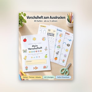 May include: A preschool workbook titled Mein Vorschulheft with 85 pages for children aged 5 and up. The cover features colorful illustrations of a butterfly, duck, fish, and snail. Included are worksheets with numbers, shapes, and letters, alongside a pair of scissors and colored pencils.