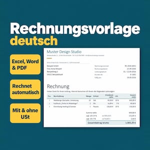 Weiße Überschrift „Rechnungsvorlage deutsch“ auf petrolblauem Grund, links drei gelbe Etiketten (Excel, Word & PDF; Rechnet automatisch; Mit & ohne USt), rechts eine Beispielrechnung mit Positionen, Umsatzsteuer und Gesamtbetrag brutto.