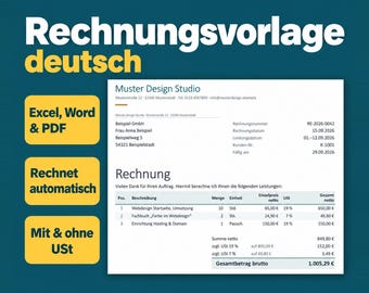 Rechnungsvorlage deutsch, Modello di fattura tedesca Excel Word PDF, Calcolo automatico, Kleinunternehmer, Angebot, Quittung Vorlage