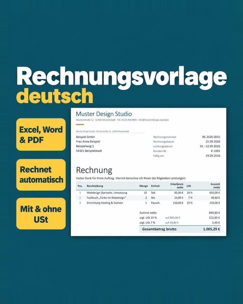 Weiße Überschrift „Rechnungsvorlage deutsch“ auf petrolblauem Grund, links drei gelbe Etiketten (Excel, Word & PDF; Rechnet automatisch; Mit & ohne USt), rechts eine Beispielrechnung mit Positionen, Umsatzsteuer und Gesamtbetrag brutto.