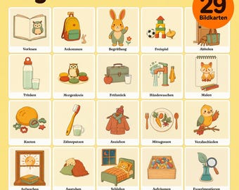 Può includere: Un set di 29 flashcard educative intitolate Tagesablauf Kita, con illustrazioni delle routine quotidiane dell'asilo come leggere, mangiare e dormire. Ogni carta include un'etichetta in tedesco, organizzata in una griglia su sfondo giallo chiaro.