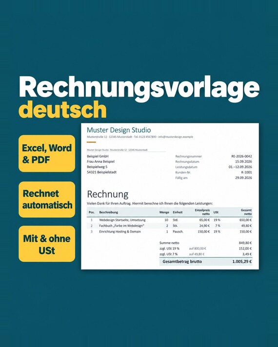 Rechnungsvorlage deutsch, German Invoice Template Excel Word PDF, Auto Calculating, Kleinunternehmer, Angebot, Quittung Vorlage