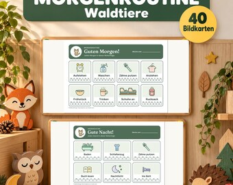 Morgenroutine Kinder Waldtiere, Abendroutine, 40 Bildkarten, Routineplan zum Ausdrucken, PDF A4 A3