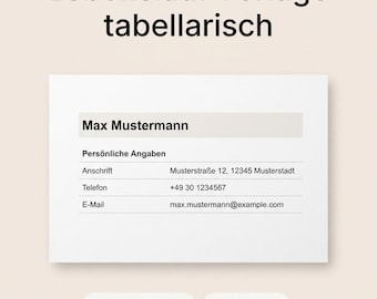 Può includere: Un modello di curriculum tabellare con il testo Lebenslauf Vorlage tabellarisch, Max Mustermann, Persönliche Angaben, Anschrift, Telefon, E-Mail, Sofort-Download e Drei Layouts su un documento bianco su sfondo beige chiaro.