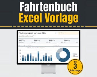 Può includere: Un modello Excel per registro di viaggio digitale visualizzato su un monitor. Lo schermo mostra una dashboard del 2026 con grafici a barre, un grafico a torta e dati sul chilometraggio. Un bollino giallo circolare riporta bis 3 Fahrzeuge.