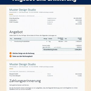 Zwei Beispieldokumente im gleichen Design: oben ein Angebot mit einer Position und Gesamtbetrag, darunter eine Zahlungserinnerung als Brief mit Anrede und kurzem Fließtext.
