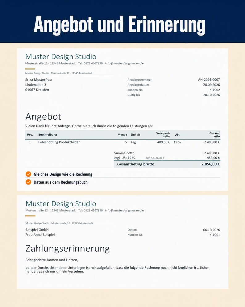 Zwei Beispieldokumente im gleichen Design: oben ein Angebot mit einer Position und Gesamtbetrag, darunter eine Zahlungserinnerung als Brief mit Anrede und kurzem Fließtext.