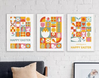 Set of 3 Modern Easter Posters Bright Geometric Art Happy Easter Printable Wall Art Colorful Spring Festive Decor Digital Download Print