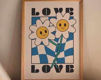 Retro Cartoon Daisy Art Printable Wall Art Funny Colorful Poster Vintage Flower Print Love Quote Boho Home Decor Downloadable Floral Artwork