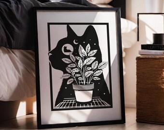 Mystical Cat Silhouette Art with Potted Plant Cat Themed Home Decor Cat Lover Unique Gift Above Bed Decor Whimsical Print Printable Wall Art