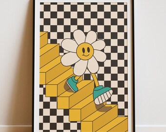 Retro Cartoon Daisy Print Printable Wall Art Funny Colorful Poster Vintage Flower Print Boho Home Decor Floral Artwork Kids Room Decor