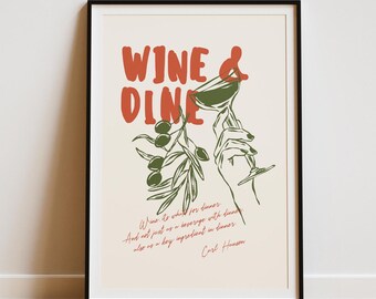 Vintage Wine Glass Print Dining Room Wall Art Elegant Cocktail Poster Minimalist Kitchen Decor Bar Cart Art Drinking Quote Typography Print