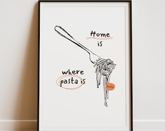 Pasta Illustration Minimalist Food Print Funny Quote Vintage Kitchen Printable Wall Art Cooking Poster Dining Room Art Dopamine Home Decor