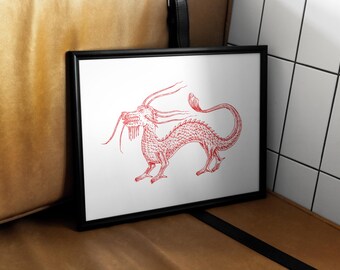 Crafted Vintage Chinese Dragon Poster Asian Inspired Wall Art Minimalist Home Apartment Decor Retro Mystical Digital Print Unique Decoration