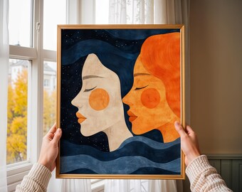 Sun Moon Women Wall Art Divine Feminine Print Boho Faces Decor Mid Century Modern Spiritual Gift Mystical Portrait Night Day Illustration