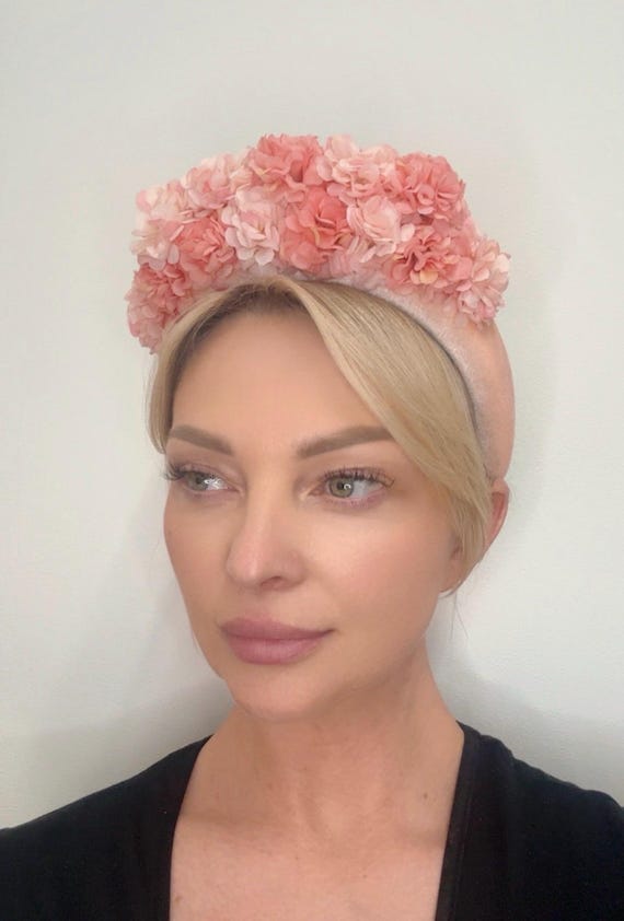 Women\'s Peach Fabric Floral Headband Flat Elastic Headband, Beige & Peach Floral - Polina Couture main image 3