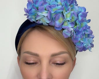 Purple Navy Blue Ombre Hydrangeas Flowers Padded Headband Headwear Fascinator Ascot Ladies Day Races Wedding Guest Birthday Party Elegant