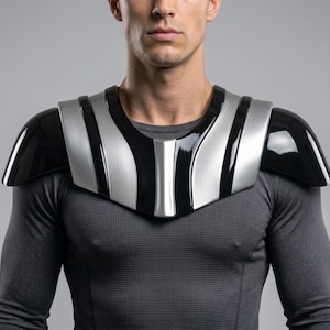 May include: A black and silver shoulder armor piece. The armor has a glossy black finish on the shoulder pads and a brushed silver finish on the chest and back plates. The armor is worn over a dark gray long-sleeved shirt.