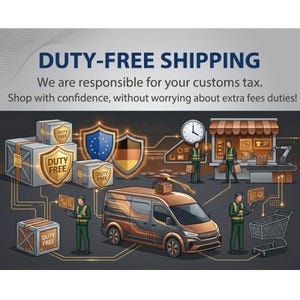 May include: An illustration promoting duty-free shipping. The image features a delivery van, boxes labeled "Duty Free", shields with flags, and people in green uniforms. Text at the top reads "DUTY-FREE SHIPPING".