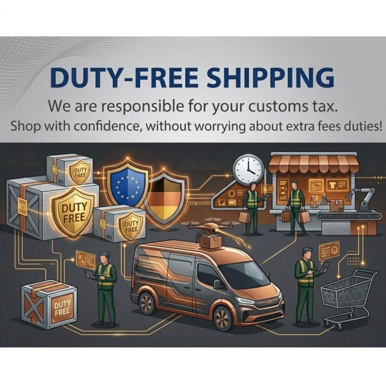 May include: An illustration promoting duty-free shipping. The image features a delivery van, boxes labeled "Duty Free", shields with flags, and people in green uniforms. Text at the top reads "DUTY-FREE SHIPPING".