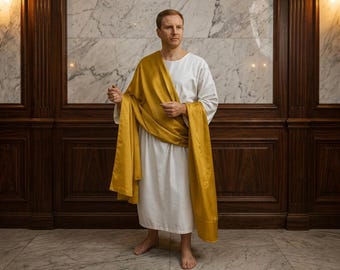 Greek Roman Toga Costume, White Robe with Golden Drape