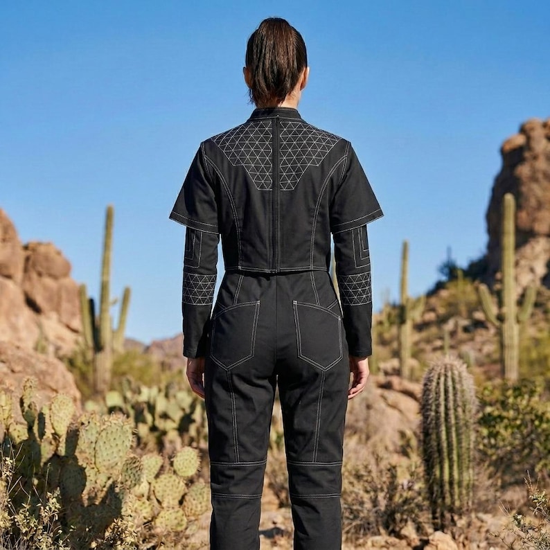 May include: Black jumpsuit with white stitching and geometric patterns on the back and sleeves. The outfit includes a cropped jacket with short sleeves and high-waisted pants. The model is standing in a desert landscape.