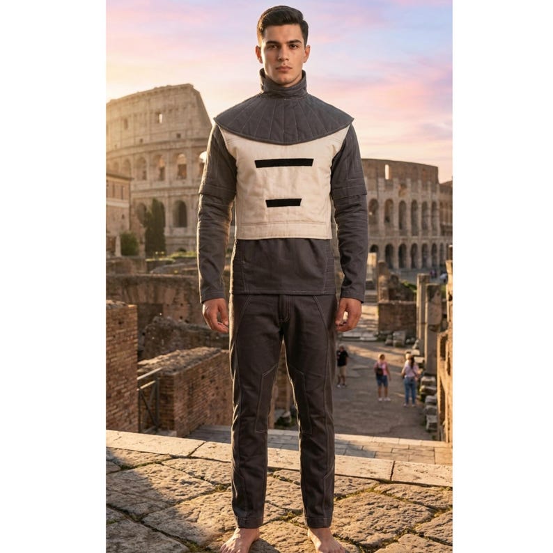 May include: A person in a futuristic outfit stands in front of an ancient Roman structure. The outfit consists of a high-collared top, a gray and cream-colored vest, long sleeves, and dark grey trousers. The scene is bathed in warm sunlight.