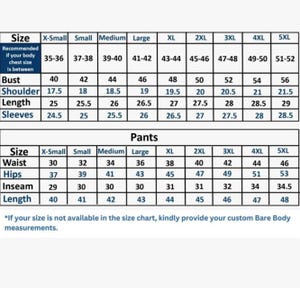 May include: A size chart for clothing, displaying measurements for bust, shoulder, length, and sleeves. The chart includes sizes from X-Small to 5XL, with corresponding measurements in inches. Pants measurements for waist, hips, inseam, and length are also provided.