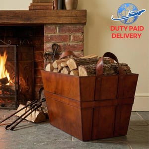 Transportador rectangular de leña de cuero genuino / Cesta para leña hecha a mano / Organizador rústico para chimenea