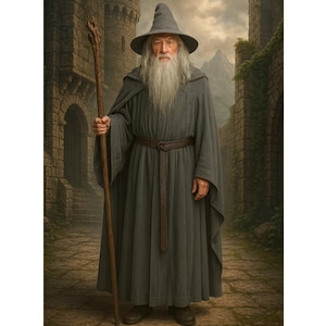 Könnte beinhalten: Ganzkörperporträt eines Zauberers in grauem Gewand und Hut, der einen Holzstab hält. Der Zauberer hat einen langen weißen Bart und steht auf einem Steinweg zwischen Burgmauern. Im Hintergrund eine Bergkette.