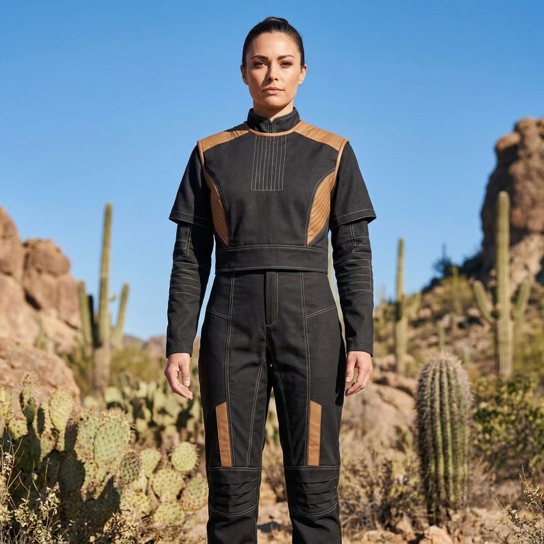 May include: A black jumpsuit with tan accents and white stitching. The outfit features a high collar, long sleeves, and a fitted silhouette. The model is standing in a desert landscape with cacti and mountains in the background.