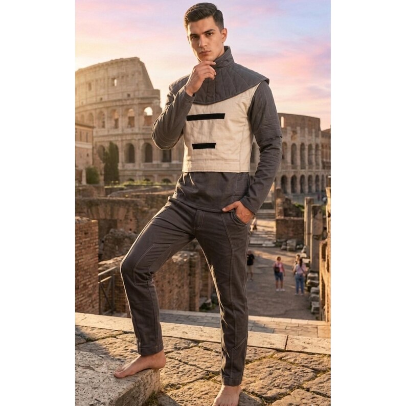 May include: A grey and beige outfit with a high collar and a quilted vest. The outfit includes a long-sleeved shirt and matching trousers. The background features the Colosseum in Rome.