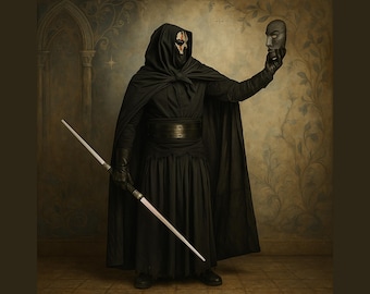 Katoenen Dark Lord-cosplaykostuum, zwart gewaad met capuchon en masker
