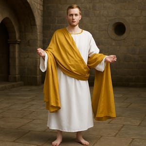 Ancient Roman Toga Robe, Men Greek Toga Costume, Roman Emperor Toga Costume, White Toga with Golden Drape, Greek God Toga Costume