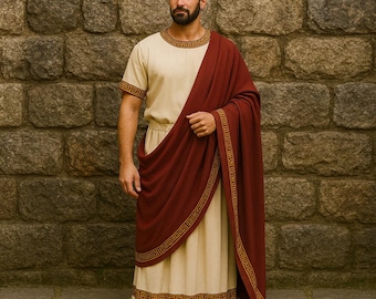 Men's Ancient Roman Toga Costume, Cotton Cream Tunic, Red Drape