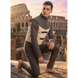 May include: A person wearing a grey and cream-coloured medieval-style outfit, kneeling on a stone surface. The outfit includes a high-collared top and trousers. The background features an ancient Roman ruin.
